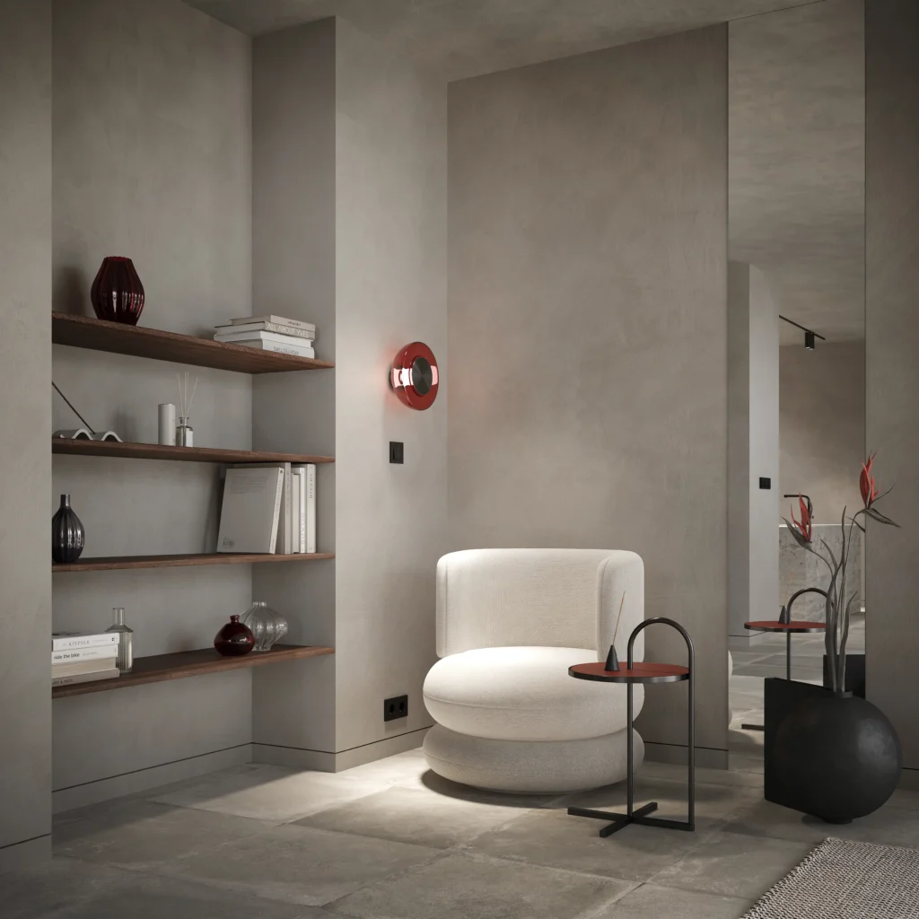 japandi-wnetrze-z-biblioteczka-i-bialym-fotelem